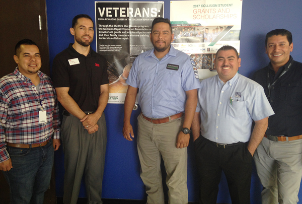 Texas Southmost College (TSC) Auto Body Repair Technology student German Escobar was awarded $1,500 from the Collision Repair Education Foundation Hire Our Heroes Veteran Tool Grant on April 25, 2017. From left to right, TSC Auto Body Repair Technology Instructor Donald Wilt, Jr., 3M Representative Fernando De la Garza, TSC Auto Body Repair Technology student German Escobar, O’Reilly Auto Parts representative Juan Guzman and TSC Auto Body Repair Technology Instructor Isidro Cedillo.